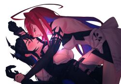 2girls absurdres ahoge asymmetrical_horns bare_shoulders black_dress black_hair blush breasts dress elisbian elizabeth_rose_bloodflame elizabeth_rose_bloodflame_(1st_costume) highres holding_another&#039;s_wrist hololive hololive_english horns large_breasts multiple_girls nerissa_ravencroft nerissa_ravencroft_(1st_costume) open_clothes open_shirt purple_eyes red_hair shirt simple_background uneven_horns virtual_youtuber white_background white_shirt yuri