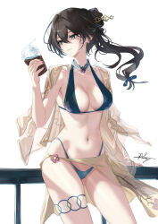 1girl absurdres alternate_costume bikini breasts brown_hair chaciooh cleavage closed_mouth collarbone commentary cowboy_shot cup disposable_cup dna drinking_straw green_bikini green_eyes groin hair_between_eyes hair_ornament hair_stick highleg highleg_bikini highres holding holding_cup honkai:_star_rail honkai_(series) large_breasts long_hair navel ruan_mei_(honkai:_star_rail) signature simple_background smile solo stomach swimsuit thighs white_background