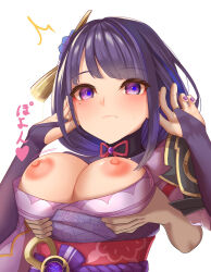 1girl blush breasts breasts_out bridal_gauntlets closed_mouth commentary_request disembodied_hand genshin_impact grabbing_another&#039;s_breast grabbing_from_behind groping hair_ornament hands_up highres japanese_clothes kimono large_breasts mole mole_under_eye nipples obi purple_eyes purple_kimono purple_nails raiden_shogun red_sash sash simple_background solo translation_request upper_body white-paka white_background