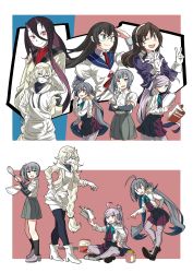 10s 6+girls abyssal_ship ahoge alternate_costume arm_up arm_warmers asashimo_(kancolle) ashigara_(kancolle) battleship_princess black_hair black_socks blue_eyes blue_hair blush book boots bow bowl bowtie braid brown_eyes brown_hair commentary_request crossed_arms dress fang glasses gloves green_eyes grey_eyes grey_hair grey_legwear hair_between_eyes hair_over_one_eye hair_tie hairband headband highres holding holding_book hood hooded_sweater kantai_collection kasumi_(kancolle) kazh_(kazu) kiyoshimo_(kancolle) kneehighs lace-up_boots long_hair long_sleeves lotus_position low_twintails multicolored_hair multiple_girls necktie one_eye_closed ooyodo_(kancolle) open_mouth pale_skin pantyhose pointing ponytail purple_hair purple_legwear red_eyes remodel_(kantai_collection) ribbon school_uniform semi-rimless_eyewear serafuku shirt shoes short_sleeves side_ponytail sidelocks single_braid sitting skirt sleeveless sleeveless_dress smile socks supply_depot_princess suspenders sweater thighhighs turtleneck twintails under-rim_eyewear v very_long_hair wavy_hair white_gloves white_hair white_shirt