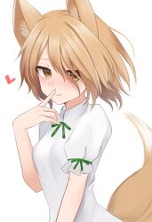 1girl absurdres animal_ears blonde_hair blush breasts commentary_request dakuazu finger_to_mouth fox_ears fox_girl fox_tail hair_over_one_eye hand_up heart highres kudamaki_tsukasa looking_at_viewer medium_hair seductive_smile small_breasts smile solo tail touhou upper_body white_romper yellow_eyes