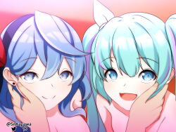 2girls absurdres ako_(blue_archive) aqua_eyes blue_archive blue_hair breasts hatsune_miku hatsune_miku_(blue_archive) highres large_breasts looking_at_viewer multicolored_hair multiple_girls snkagawa teeth twintails two-tone_hair upper_body upper_teeth_only