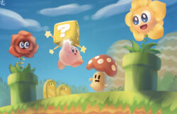 ?_block blue_eyes blue_sky cappy_(kirby) cloud commentary_request day flower grass highres jumping kirby kirby_(series) lovely_(kirby) mario_(series) mushroom nintendo no_humans open_mouth outdoors parody rose rosely_(kirby) signature sky smile star_(symbol) suyasuyabi warp_pipe