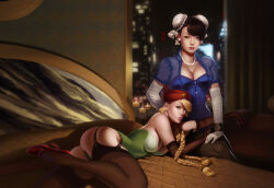 2girls adapted_costume andrew_hibner ass beret blonde_hair blue_eyes braid breasts brown_eyes brown_hair bun_cover cammy_white capcom chun-li cleavage commentary double_bun elbow_gloves english_commentary garter_belt gloves green_leotard hair_bun hat highleg highleg_leotard highres large_breasts leotard lips long_hair lying multiple_girls photoshop_(medium) realistic short_hair street_fighter thighhighs twin_braids