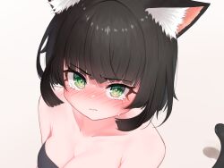 1girl animal_ear_fluff animal_ears bare_shoulders black_hair black_shirt blush breasts cat_ears cat_girl cat_tail cleavage closed_mouth collarbone cropped crying embarrassed female_focus green_eyes highres looking_at_viewer medium_breasts nose_blush original shirt short_hair sidelocks simple_background solo strapless strapless_shirt tail tears upper_body urabe_miyabi v-shaped_eyebrows white_background