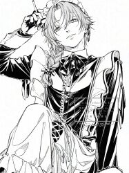 Rule 34 | 1boy, ahoge, apron, bow, bowtie, braid, cigarette, collared dress, crossdressing, curtained hair, ddd ar0, dress, ear piercing, earrings, flower hairtie, frilled apron, frills, gloves, greyscale, hair over shoulder, highres, holding, holding cigarette, jewelry, kanae (20th costume) (nijisanji), kanae (nijisanji), long dress, long sleeves, looking at viewer, maid, maid apron, maid headdress, male focus, male maid, medium hair, monochrome, nijisanji, official alternate costume, piercing, simple background, single braid, sleeve cuffs, smile, solo, virtual youtuber, watermark, white background