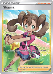 1girl :d artist_name bag black_bow blue_shorts blue_sky bow brown_hair bush card_(medium) character_name cloud cloudy_sky company_name copyright_name copyright_notice cracking_knuckles creatures_(company) dark-skinned_female dark_skin day english_text eyelashes fence game_freak grass green_eyes handbag long_hair looking_at_viewer nintendo nishida_yuu official_art open_mouth pink_shirt pokemon pokemon_card pokemon_tcg pokemon_xy scrunchie shauna_(pokemon) shirt short_shorts short_sleeves shorts sky smile solo standing teeth third-party_source trading_card tree twintails upper_teeth_only wrist_scrunchie