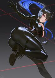 Rule 34 | 1girl, alternate costume, arm strap, ass, asymmetrical bangs, asymmetrical horns, belt, bikini, black belt, black bikini, black bodysuit, black gloves, black hair, blue hair, bodysuit, breasts, chest harness, cleavage cutout, clothing cutout, colored inner hair, commentary, dark background, demon horns, english commentary, floating hair, foot out of frame, from below, gloves, gradient background, harness, high ponytail, highres, hololive, hololive english, horns, large breasts, laser hallway, leg up, long hair, looking at viewer, mole, mole under eye, multicolored hair, multiple belts, nerissa ravencroft, otter paw (otter696969), ponytail, red eyes, shoe soles, sidelocks, signature, skin tight, solo, spy, swimsuit, thigh strap, tight clothes, uneven horns, virtual youtuber