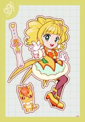 Rule 34 | 1girl, ankle bow, ankle ribbon, aqua skirt, ascot, back bow, black shirt, blonde hair, blunt bangs, border, bow, bowtie, brooch, choker, clenched hand, coattails, collared vest, cure sparkle, deformed, dotted line, earrings, eyelashes, frilled thighhighs, frills, full body, gloves, green bow, green eyes, grey background, grey thighhighs, grid background, hair ornament, hand up, happy, healin&#039; good precure, heart, heart hair ornament, high heels, highres, hiramitsu hinata, jewelry, lapels, looking at viewer, magical girl, medium hair, miniskirt, notched lapels, nyatoran (precure), open mouth, orange bow, orange bowtie, outline, petticoat, pom pom (clothes), pom pom earrings, precure, pumps, ribbon, shirt, shoes, signature, skirt, smile, standing, tareme, teeth, thighhighs, upper teeth only, uwded 207, vest, wand, waving, white gloves, white outline, yellow ascot, yellow border, yellow bow, yellow choker, yellow shoes, yellow vest