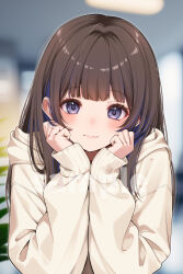 1girl absurdres blue_eyes blue_streaks blurry blurry_background blush brown_hair closed_mouth commentary_request fang fujisaki_hikari hair_intakes highres hood hood_down hoodie light_smile long_hair long_sleeves looking_at_viewer original skin_fang sleeves_past_wrists solo white_hoodie