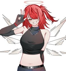 1girl alternate_costume arknights arm_up bare_shoulders black_gloves black_shirt breasts crop_top cropped_shirt cross detached_wings dr.deims_(dim5s) elbow_gloves exusiai_(arknights) exusiai_the_new_covenant_(arknights) fingerless_gloves gloves grey_halo hair_over_one_eye halo highres latin_cross medium_breasts medium_hair midriff navel one_eye_covered one_side_up red_hair shirt simple_background sleeveless sleeveless_shirt solo traditional_halo turtleneck turtleneck_shirt w white_background wings yellow_eyes