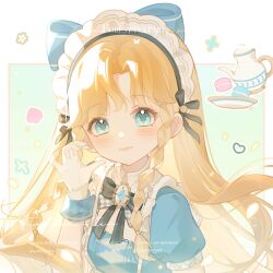 1girl :3 absurdres alice&#039;s_adventures_in_wonderland alice_(alice_in_wonderland) argyle_bow argyle_bowtie argyle_clothes black_bow black_bowtie blonde_hair blue_bow blue_dress blue_eyes blue_wrist_cuffs border bow bowtie braid breezy_tea_time_(infinity_nikki) brooch closed_mouth collar commission detached_collar dot_nose dress eyelashes food gloves green_background hair_bow half-heart_hands happy heart highres infinity_nikki jewelry jijibang light_blush light_particles lipstick long_hair macaron maid_headdress makeup multiple_hair_bows nikki_(series) official_alternate_color outside_border palms parted_bangs petals pink_lips plate puffy_short_sleeves puffy_sleeves sample_watermark short_sleeves side_braids smile solo spade_(shape) sparkle square_neckline tareme teapot twin_braids two-tone_bow two-tone_bowtie upper_body very_long_hair watermark white_border white_bow white_bowtie white_collar white_gloves wrist_cuffs