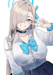 Rule 34 | 1girl, absurdres, asuna (blue archive), asuna (school uniform) (blue archive), asymmetrical bangs, black choker, black skirt, blonde hair, blue archive, blue bow, blue bowtie, blue eyes, blue halo, blue ribbon, blue scrunchie, bow, bowtie, breasts, button gap, choker, commentary, grin, hair over one eye, hair ribbon, halo, highres, large breasts, long hair, looking at viewer, loose bowtie, nakano kura, pleated skirt, ribbon, school uniform, scrunchie, shirt, skirt, smile, solo, teeth, v, very long hair, white shirt, wrist scrunchie