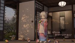 1girl :o absurdres apron ball blue_kimono child commission food-themed_hair_ornament full_body hair_ornament highres holding holding_ball indoors japanese_clothes kimono long_sleeves medium_hair mittens multicolored_kimono namuta no_shoes open_mouth original pink_kimono purple_kimono second-party_source skeb_commission sliding_doors solo standing tabi tomato_hair_ornament two_side_up white_apron white_eyes white_hair white_mittens wide_sleeves
