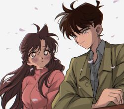 1boy 1girl ba_ko blue_eyes blush breasts brown_hair closed_mouth collared_shirt crossed_arms falling_petals green_jacket grey_shirt hair_between_eyes highres jacket kudou_shin&#039;ichi light_smile long_hair looking_at_another medium_breasts meitantei_conan mouri_ran parted_lips petals pink_jacket pink_petals shirt short_hair spiked_hair white_background