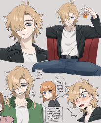 1boy 1girl belt black_belt black_jacket blonde_hair blue_eyes blue_pants blush brown_hair degrees_of_lewdity dialogue_box english_text eyebrow_piercing face_piercing green_jacket grey_background hair_over_one_eye highres jacket multiple_views ninjin_maqui open_clothes open_jacket open_mouth pants piercing player_character_(degrees_of_lewdity) player_character_(female)_(degrees_of_lewdity) shirt short_hair simple_background sitting speech_bubble spread_legs thought_bubble white_shirt whitney_(degrees_of_lewdity) whitney_(male)_(degrees_of_lewdity)