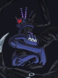 Rule 34 | 1boy, armor, black background, black bodysuit, blue armor, bodysuit, confeito000 333, digimon, digimon (creature), full body, fumamon, highres, horns, katana, male focus, muscular, muscular male, ninja, simple background, single horn, solo, sword, weapon