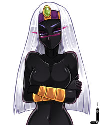 1girl absurdres anklet arms_under_breasts black_skin blush breasts cleavage collarbone colored_skin crossed_arms dark-skinned_female dark_skin duck_dodgers eyebrows female_focus half-closed_eyes highres jewelry loen long_hair looking_at_viewer navel no_mouth purple_eyes queen_tyr&#039;ahnee silver_hair simple_background solo tiara topless_female upper_body white_background