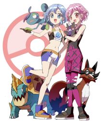 1boy 1girl :d bare_shoulders black_gloves black_shirt blue_eyes blue_hair breasts brother_and_sister commentary_request cosplay cropped_shirt crossdressing crossover dorothy_west drednaw drizzile edamame_(buruburu) full_body gen_8_pokemon gloves gym_challenge_uniform highres holding holding_pokemon looking_at_viewer midriff mole mole_under_eye morpeko morpeko_(hangry) navel nintendo on_shoulder open_mouth pantyhose pink_eyes pink_hair pink_shorts poke_ball pokemon pokemon_(creature) pokemon_on_shoulder pokemon_swsh pretty_series pripara purple_footwear reona_west shirt shoes short_hair shorts siblings small_breasts smile sportswear standing standing_on_one_leg thievul torn_clothes torn_pantyhose trap twins