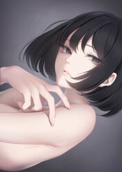 1girl black_eyes black_hair erise fingernails grey_background highres long_fingernails looking_at_viewer mole mole_under_eye nude original parted_lips short_hair solo upper_body