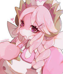 1girl blush braid breasts closed_mouth dragon_girl dragon_horns dragonmaid_ernus duel_monster furry furry_female hair_ornament hat heart heart-shaped_pupils highres horns kokodari large_breasts nurse nurse_cap nurse_dragonmaid pink_eyes pink_hair puffy_sleeves side_braid simple_background smile solo symbol-shaped_pupils transformation white_background yu-gi-oh!