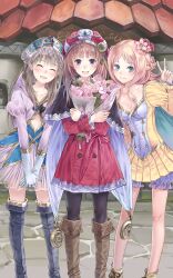 Rule 34 | 3girls, :3, :d, atelier (series), atelier meruru, atelier resleriana, atelier rorona, atelier totori, bare legs, blonde hair, bloomers, blue eyes, boots, bouquet, breasts, brown hair, cleavage, closed eyes, coat, flower, gloves, hair ornament, half updo, hat, highres, hugging object, kishida mel, knee boots, long hair, looking at viewer, medium breasts, merurulince rede arls, multiple girls, non-web source, official art, open mouth, pantyhose, rorolina frixell, skirt, smile, thigh boots, thighhighs, tilted headwear, totooria helmold, underwear, v, white gloves, zettai ryouiki