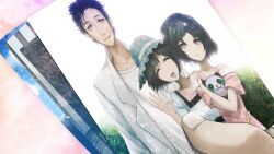 Rule 34 | 1boy, 1girl, 2girls, adam&#039;s apple, beard stubble, black bow, black hair, black trim, blue dress, blue hat, bow, brown pants, chest bow, choker, closed eyes, coat, collar, collarbone, cosplay, dress, facial hair, fingernails, frilled collar, frills, game cg, genderswap, genderswap (mtf), grey eyes, hair ornament, hairclip, hand up, happy, hat, highres, holding, holding stuffed toy, huke, lab coat, lapels, long sleeves, medium hair, messy hair, multiple girls, non-web source, notched lapels, off-shoulder dress, off shoulder, official art, okabe rintarou, open mouth, pants, photo (object), pink dress, pink frills, pink straps, puffy short sleeves, puffy sleeves, ribbon choker, ringed eyes, shiina mayuri, shirt, short sleeves, shorts, shorts under dress, shorts under skirt, skull hair ornament, smile, square pupils, standing, steins;gate, stubble, stuffed toy, t-shirt, tongue, upa (steins;gate), urushibara luka, waving, white coat, white shirt, white trim, yellow bag