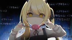 Rule 34 | 1girl, absurdres, black dress, black horns, black ribbon, blonde hair, blue archive, close-up, collared shirt, commentary request, crime prevention buzzer, crime prevention buzzer threat, demon horns, dress, empty eyes, hair ribbon, hands up, highres, holding, horns, ibuki (blue archive), korean commentary, long hair, long sleeves, looking at viewer, neck ribbon, no pupils, parted lips, partial commentary, pointy ears, poorunii, red ribbon, ribbon, shaded face, shirt, shukusei!! loli-kami requiem, side ponytail, sidelocks, solo, white shirt, yellow eyes
