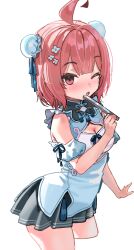 1girl aged_down ahoge blush breasts bun_cover chinese_clothes cleavage cleavage_cutout clothing_cutout commentary_request detached_sleeves dot_nose double_bun grey_skirt hair_bun hair_ornament hand_fan holding holding_fan huge_ahoge kanzarin looking_at_viewer miniskirt official_alternate_costume one_eye_closed open_mouth pink_hair pleated_skirt puffy_sleeves red_eyes shirt simple_background skirt small_breasts solo thighs virtual_youtuber vspo! white_background white_shirt yumeno_akari yumeno_akari_(2nd_costume)