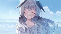 1girl absurdres animal_ears blue_archive blue_halo blue_sky blush closed_eyes cloud day dog_ears dress facing_viewer halo happy highres png_pant_(bus) portrait sky solo umika_(blue_archive) white_dress