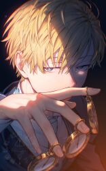 Rule 34 | 1boy, alternate costume, black background, blonde hair, blue eyes, boku no hero academia, collared shirt, commentary request, fingernails, formal clothes, jacket, looking at viewer, male focus, monoma neito, necktie, pocket watch, shirt, short hair, simple background, solo, suit, suit jacket, upper body, watch, white shirt, yonasi