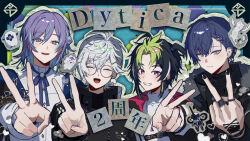 Rule 34 | 4boys, bangs pinned back, bespectacled, black background, black hair, black jacket, black nails, blue hair, border, bow, closed eyes, commentary request, dytica (nijisanji), fur collar, glasses, green hair, grey eyes, hand on own chest, high collar, highres, hoshirube sho, hoshirube sho (2nd costume), inami rai, inami rai (2nd costume), jacket, koyanagi rou, koyanagi rou (2nd costume), male focus, multicolored hair, multiple boys, murakumo kagetsu, murakumo kagetsu (2nd costume), nagikiho, nijisanji, otomo (hoshirube sho), otomo (koyanagi rou), patterned background, pink eyes, purple bow, purple hair, shirt, short hair, streaked hair, v, virtual youtuber, watakumo (murakumo kagetsu), white hair, white shirt