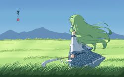 Rule 34 | 1girl, ay606078, bare shoulders, blue skirt, blue sky, collared shirt, day, detached sleeves, field, frog hair ornament, from behind, gohei, grass, green hair, hair ornament, hair tubes, highres, holding, holding gohei, horizon, kochiya sanae, long hair, long sleeves, looking afar, mountainous horizon, outdoors, patterned clothing, petticoat, print skirt, shirt, signature, single hair tube, single sidelock, skirt, skirt set, sky, sleeveless, sleeveless shirt, snake hair ornament, solo, touhou, wide sleeves