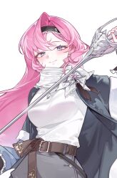 1girl aegumd belt belt_buckle black_hairband black_jacket blush breasts brooch brown_belt buckle closed_mouth curtained_hair earrings grey_skirt hairband highres holding holding_sword holding_weapon jacket jewelry korean_commentary layered_sleeves long_hair long_sleeves looking_at_viewer medium_breasts mole mole_under_eye necklace open_clothes open_jacket original pink_hair puffy_long_sleeves puffy_sleeves rapier scarf shirt simple_background skirt smile solo sword tassel tassel_earrings upper_body weapon white_background white_scarf white_shirt