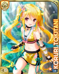 1girl arm_guards black_shirts blonde_hair breasts brown_legwear card_(medium) character_name cleavage day earrings forest girlfriend_(kari) hair_ribbon jewelry long_hair midriff nature navel ninja official_art open_mouth outdoors qp:flapper ribbon shirt shorts shorts_under_skirt skirt smile solo tokitani_koruri twintails yellow_eyes yellow_shirt yellow_skirt