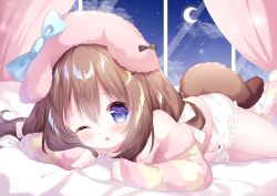 1girl animal_ears azur_lane bed bloomers blue_eyes blush bow bow_bloomers brown_hair camisole cardigan cloud crescent crescent_hair_ornament crescent_moon curtains dog_ears dog_girl dog_tail fumizuki_(azur_lane) fumizuki_(sleepy_fairy)_(azur_lane) hair_ornament hairclip hamiyamiko hat long_hair lying moon navel night night_sky off_shoulder on_side one_eye_closed open_mouth pink_hat ribbon sky solo star_(sky) striped_cardigan tail thighs underwear white_bloomers white_camisole window
