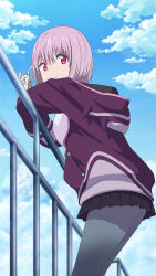 1girl against_railing arm_rest black_skirt blue_sky closed_mouth cowboy_shot game_cg grey_pantyhose gridman_universe highres holding holding_juice_box hood hood_down hooded_jacket jacket juice_box leaning_forward long_sleeves looking_at_viewer medium_hair official_art outdoors pantyhose pink_hair pleated_skirt purple_jacket railing red_eyes shinjou_akane skirt sky smile solo ssss.gridman third-party_source