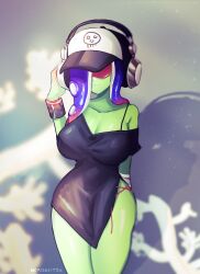 breasts cleavage colored_skin curvy dedf1sh dress glasses green_skin hat headphones large_breasts nintendo norishiitsu octoling splatoon_(series) splatoon_3 splatoon_3:_side_order