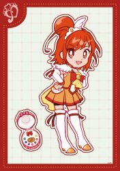 1girl ascot boots border bow bowtie bright_pupils brooch choker compact_(cosmetics) cosmetics cure_sunny deformed dot_nose dotted_line eyelashes footwear_ribbon full_body grey_background grid_background hair_bun hair_ornament hands_on_own_hips high_heel_boots high_heels highres hino_akane_(smile_precure!) jewelry magical_girl medium_hair mini_tiara miniskirt open_mouth orange_hair orange_skirt orange_wrist_cuffs outline pleated_skirt precure red_border red_bow red_bowtie red_choker red_eyes red_ribbon red_shorts ribbon shorts shorts_under_skirt signature single_hair_bun skirt skirt_set smile smile_precure! solo standing tareme thigh_boots tiara train_(clothing) uwded_207 waist_bag white_arm_warmers white_bag white_boots white_outline white_pupils wing_hair_ornament wrist_cuffs yellow_ascot