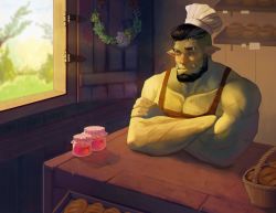 1boy absurdres apron axel_(axelwarriorvs) bara bare_shoulders basket beard bread brown_apron chef chef_hat chest_hair colored_skin eyebrow_piercing face_piercing facial_hair fangs food green_skin hat highres jam male_focus mature_male monster_boy muscular muscular_male naked_apron orc original pectoral_cleavage pectorals piercing pointy_ears short_hair sidepec sitting sleeping solo table window wooden_table