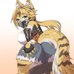 1girl absurdres animal_ear_fluff animal_ears black_gloves black_jacket black_mask blue_shorts body_fur breasts cat_ears cat_girl cat_tail cropped_jacket fingerless_gloves furry furry_female gloves green_eyes hand_on_own_ass highres jacket large_breasts long_hair looking_at_viewer lucky_zero parted_bangs ponytail pulchra_fellini shirt shorts sideboob solo tail white_shirt yellow_fur zenless_zone_zero