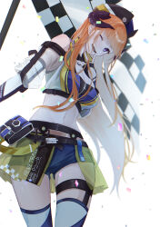 1girl ;d absurdres arknights bagpipe_(arknights) bagpipe_(queen_no._1)_(arknights) bare_shoulders blue_shorts breasts cleavage commentary_request cowboy_shot crop_top hat highres long_hair looking_at_viewer medium_breasts midriff miniskirt naruse_azusa navel official_alternate_costume one_eye_closed open_mouth orange_hair purple_eyes short_shorts shorts simple_background skirt smile solo standing stomach thighhighs thighs very_long_hair white_background yellow_skirt