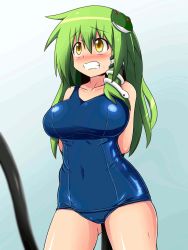 1girl animated animated_gif blue_one-piece_swimsuit breasts clenched_teeth crying frog_hair_ornament gradient_background green_hair hair_ornament honehone hose inflation kochiya_sanae large_breasts long_hair navel one-piece_swimsuit school_swimsuit shiny_clothes slideshow_animation solo swimsuit teeth touhou yellow_eyes