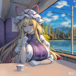 1girl absurdres blonde_hair blue_sky blush breast_rest breasts breasts_on_table cloud cup dress edz_drawz expressionless fence gloves hair_ribbon hat highres holding holding_spoon huge_breasts ice_cream_cup ice_cream_spoon lake long_hair long_sleeves looking_at_viewer mob_cap pov_across_table purple_tabard ribbon sitting sky solo spoon tabard touhou train_interior tree utensil_in_mouth very_long_hair white_dress white_gloves window wooden_spoon yakumo_yukari yellow_eyes