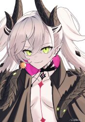 1girl absurdres black_cloak black_hands body_markings breasts candy choker cloak colored_extremities crossed_bangs demon_girl demon_horns demon_wings ear_piercing fate/grand_order fate_(series) food green_eyes grey_hair hair_between_eyes highres horns lilith_(fate) lilith_(second_ascension)_(fate) lollipop long_hair looking_at_viewer medium_breasts piercing pointy_ears smile solo twintails umirunie very_long_hair wings