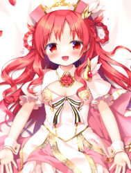 1girl :d bed_sheet blush breasts commentary_request dress flower gem gochuumon_wa_usagi_desu_ka? gold_trim heart highres long_hair looking_at_viewer lying natsu_megumi on_back open_mouth red_eyes red_flower red_gemstone red_hair sasai_saji small_breasts smile solo upper_body very_long_hair white_dress white_wrist_cuffs wrist_cuffs