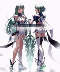 2girls alternate_color ass bare_legs bare_shoulders black_gloves breasts chest_jewel cleavage cleavage_cutout clothing_cutout cosplay dress earrings elbow_gloves from_behind full_body gloves green_hair highres jewelry long_hair looking_at_viewer medium_breasts multiple_girls mythra_(xenoblade) pito_(pitosan) pneuma_(xenoblade) pneuma_(xenoblade)_(cosplay) pyra_(xenoblade) short_dress short_hair short_shorts shorts simple_background spoilers swept_bangs sword thigh_strap thighhighs tiara translated very_long_hair weapon white_background white_dress white_footwear white_gloves white_shorts xenoblade_chronicles_(series) xenoblade_chronicles_2
