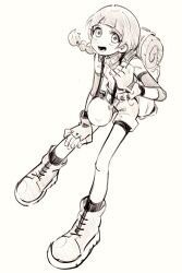 Rule 34 | 1girl, backpack, bag, blunt bangs, blush, boots, braid, braided ponytail, canteen, fingerless gloves, floating hair, full body, gloves, greyscale, hand on own knee, highres, idolmaster, idolmaster cinderella girls, imay3927, layered sleeves, leaning forward, long legs, long sleeves, monochrome, open mouth, shirt, shirt tucked in, short over long sleeves, short shorts, short sleeves, shorts, simple background, sleeping bag, smile, socks, solo, standing, ujiie mutsumi
