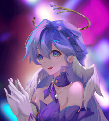 1girl :d absurdres bare_shoulders chinese_commentary choker commentary_request facial_mark gloves green_eyes hair_between_eyes hands_up head_wings highres honkai:_star_rail honkai_(series) long_hair open_mouth purple_choker purple_hair robin_(honkai:_star_rail) smile solo upper_body white_gloves wings yingyingyingwobuyima