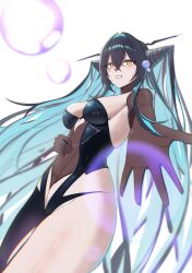 Rule 34 | 1girl, absurdres, aqua hair, bare shoulders, black bodysuit, black hair, blue hair, bodysuit, breasts, cleavage, colored inner hair, gloves, goddess of victory: nikke, hair intakes, halterneck, highres, large breasts, little mermaid (nikke), long hair, looking at viewer, mirl, multicolored hair, navel, solo, thighs, twintails